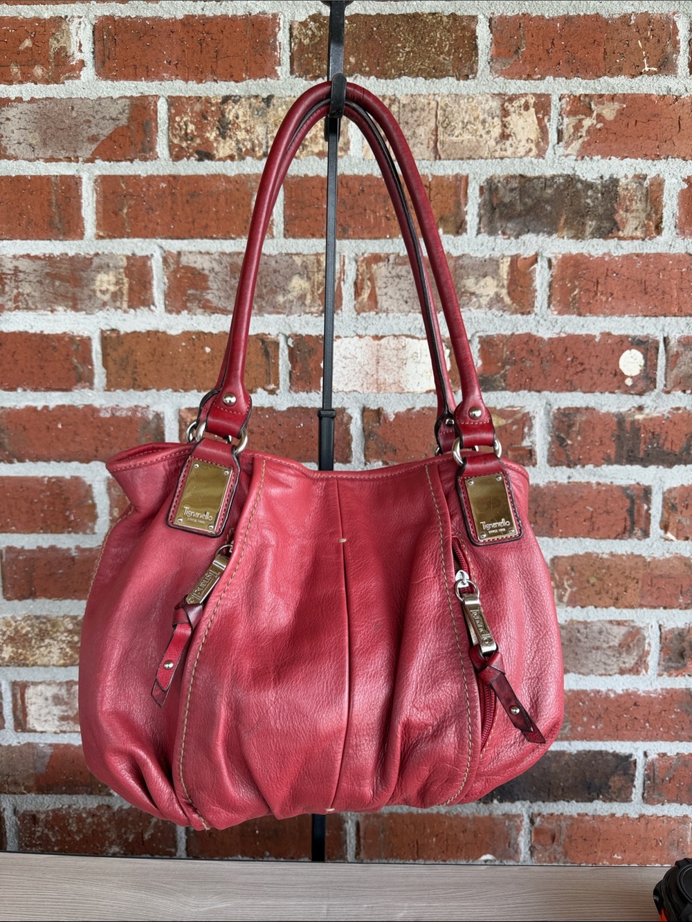 Tignanello Cherry Red Leather Shoulder Bag
